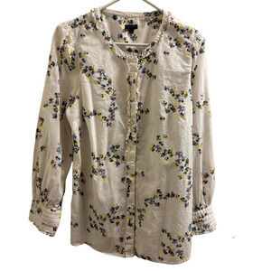Talbots Floral Print Cream Blouse with Blue,Tan and Yellow Accents  100% Cotton